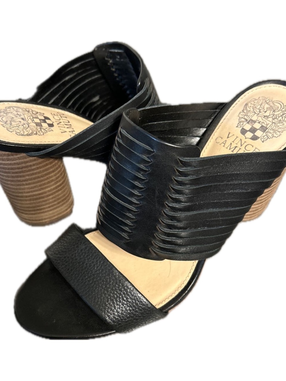 Vince Camuto Black Textured Leather Block Heel Slides